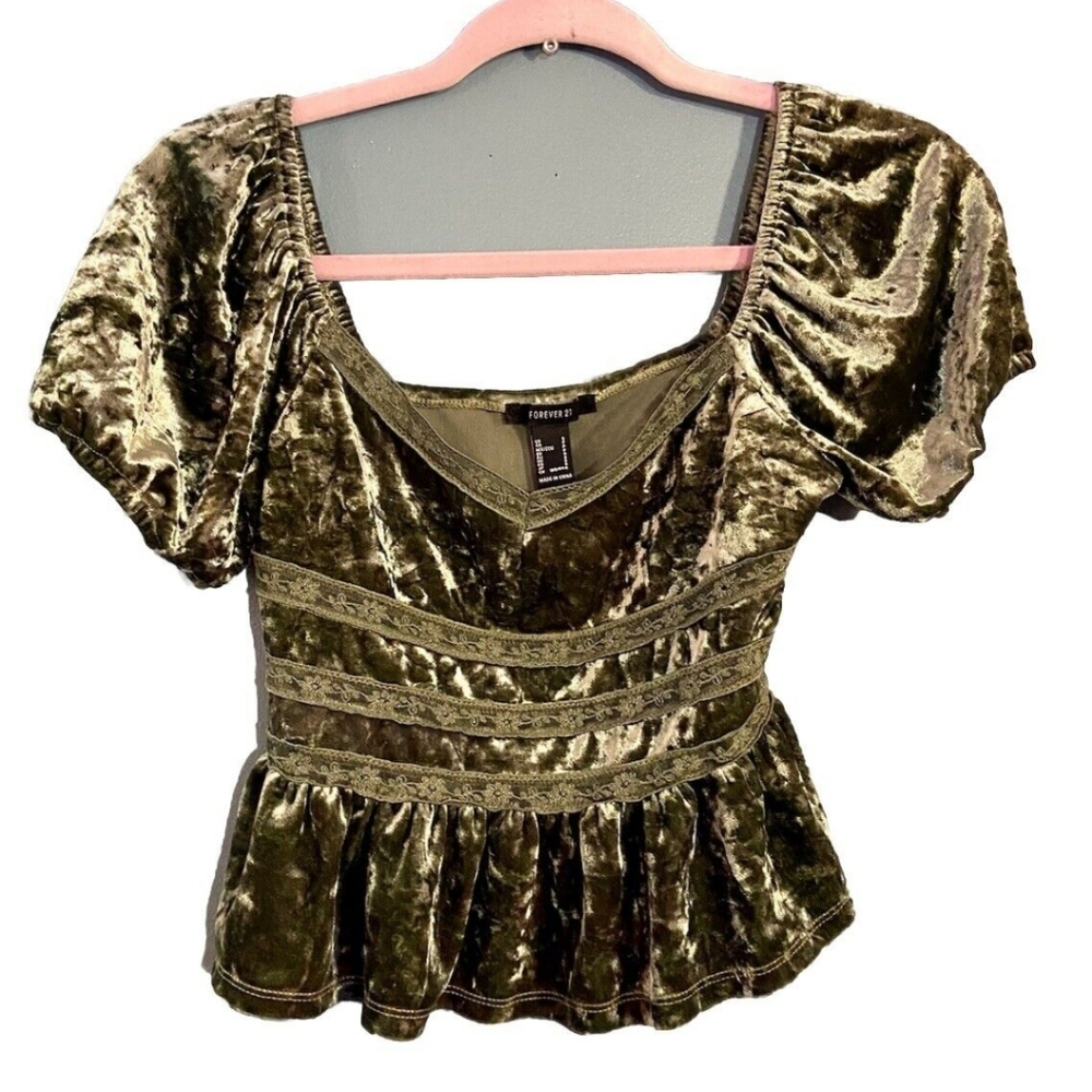 Fairy Velvet Green Gothic Puff Sleeve Lace Crop Top